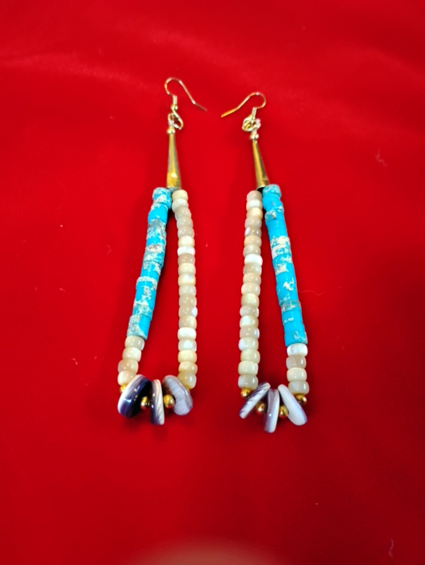 Mother of Pearl Shell, Blue Jasper & Wampum Shell Earrings