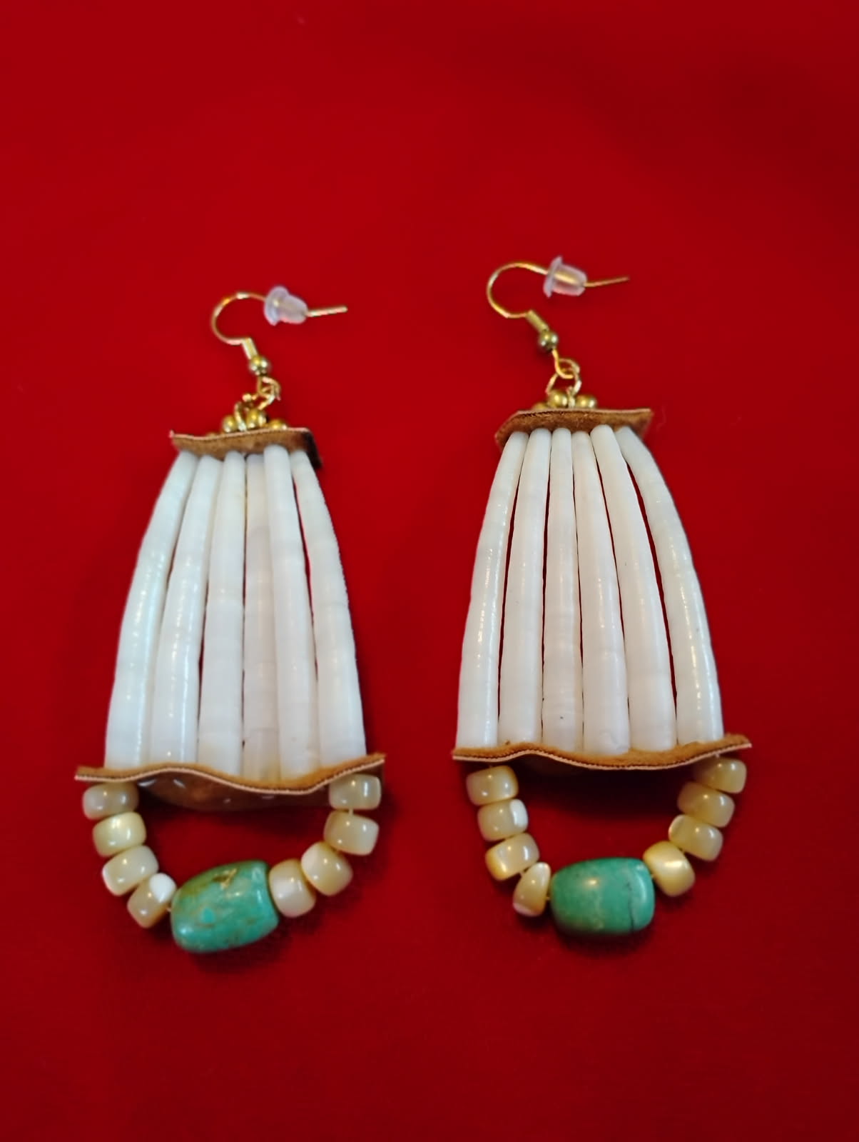 Dentalium Shell & Turquoise Earrings with Genuine Leather