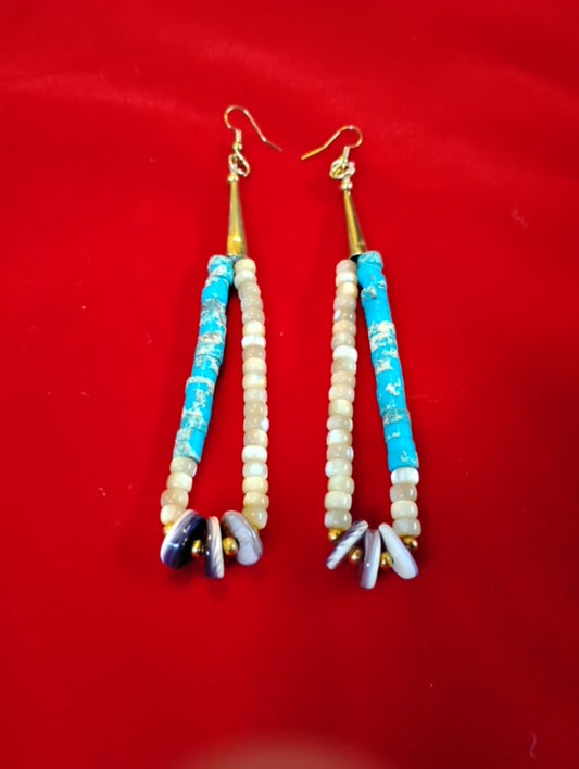 Mother of Pearl Shell, Blue Jasper & Wampum Shell Earrings