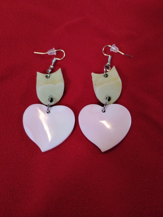 Elk Bone Teeth & Pink Conch Shell Heart Earrings
