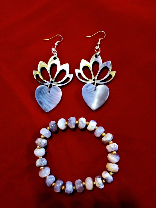 Wampum Heart Earrings with Floral Design & Aventurine