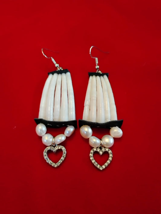 Pearl & Dentalium Shell Earrings with Heart Charm