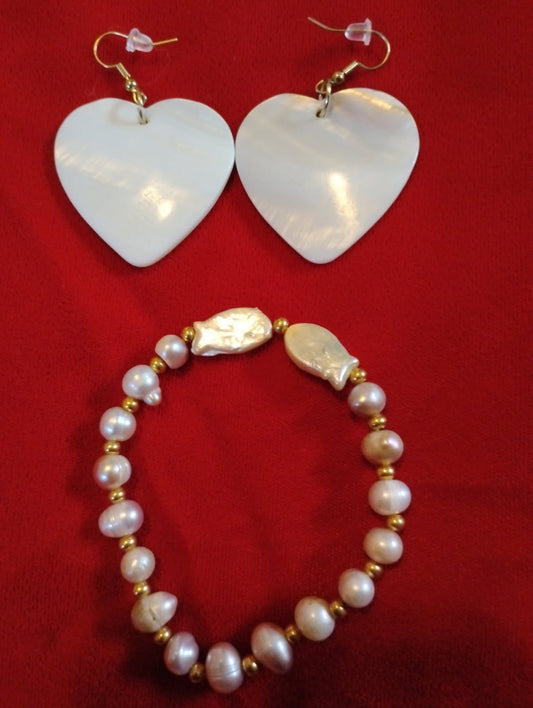 Mother of Pearl Shell Heart Earrings + Pink and White Fish Freshwater Pearl Bracelet